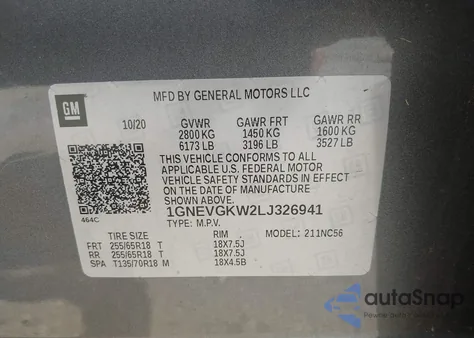 2020 Chevrolet Traverse Awd Lt Cloth z USA, uszkodzony, nr VIN 1GNEVGKW2LJ326941